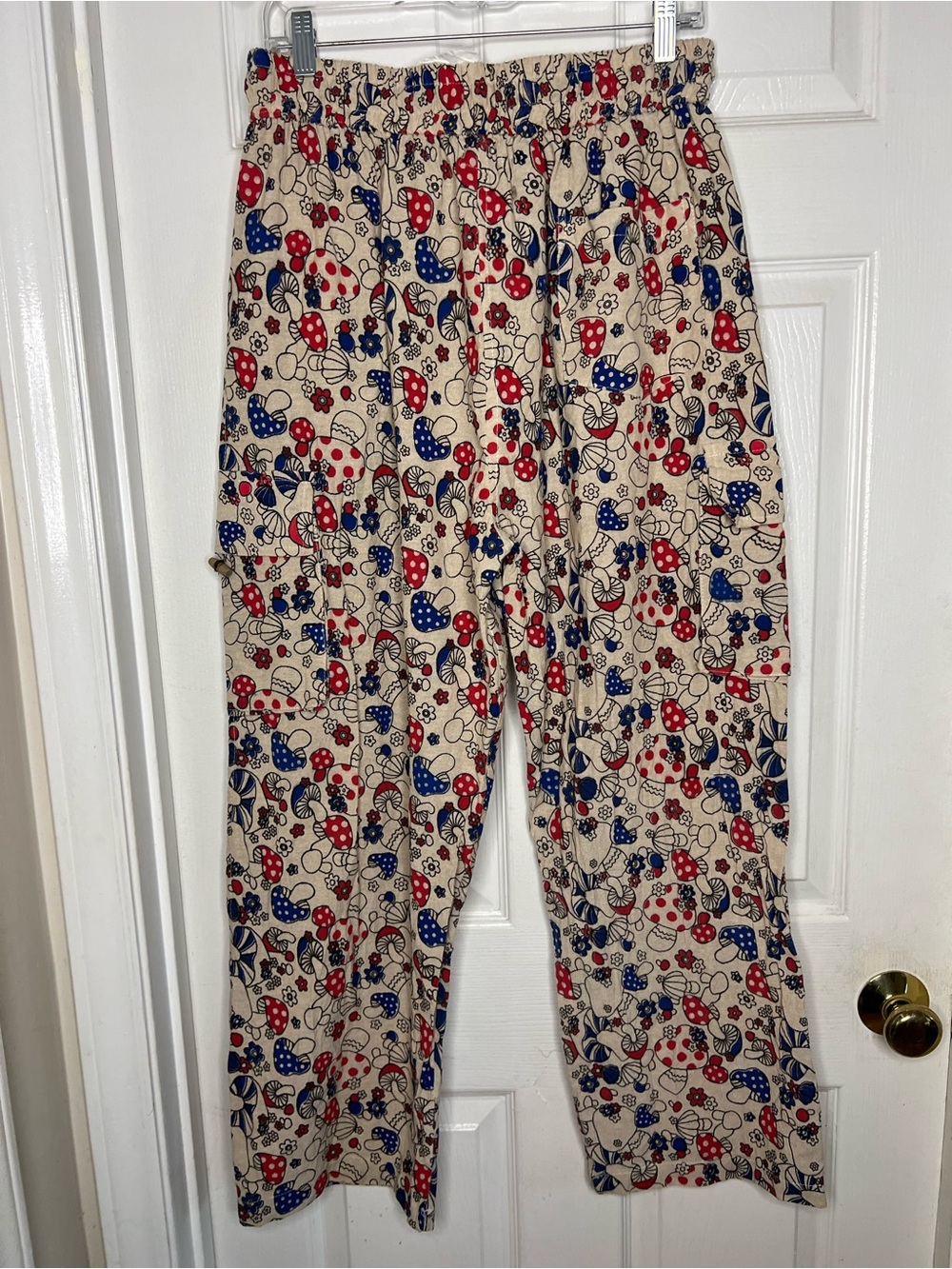 Ragstock mushroom Women’s cargo Wide leg pants Size X-Large Cotton Red Blue AOP - Picture 9 of 12
